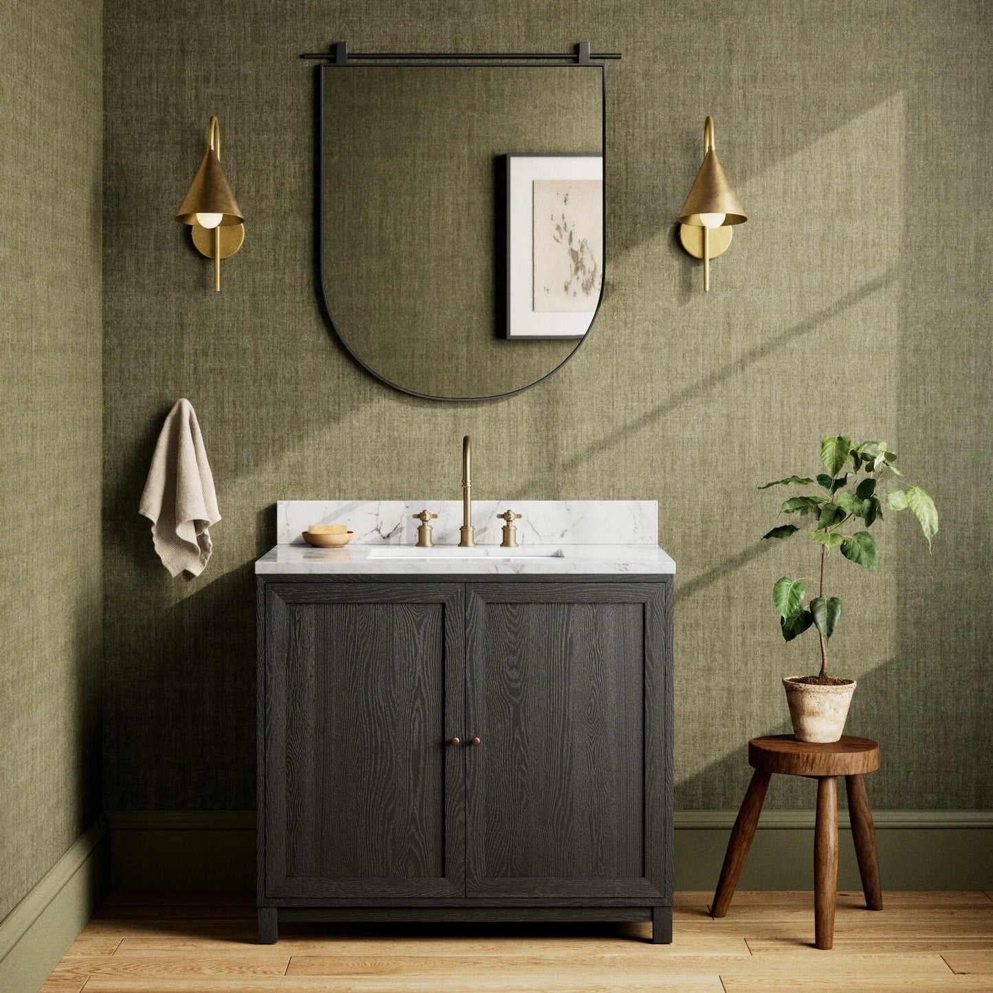 012 SI-2377102 | Lifestyle | Millie Single Vanity by Four Hands in satin drifted black veneer, carrara marble. Made from oak veneer, solid marble in a unique style.