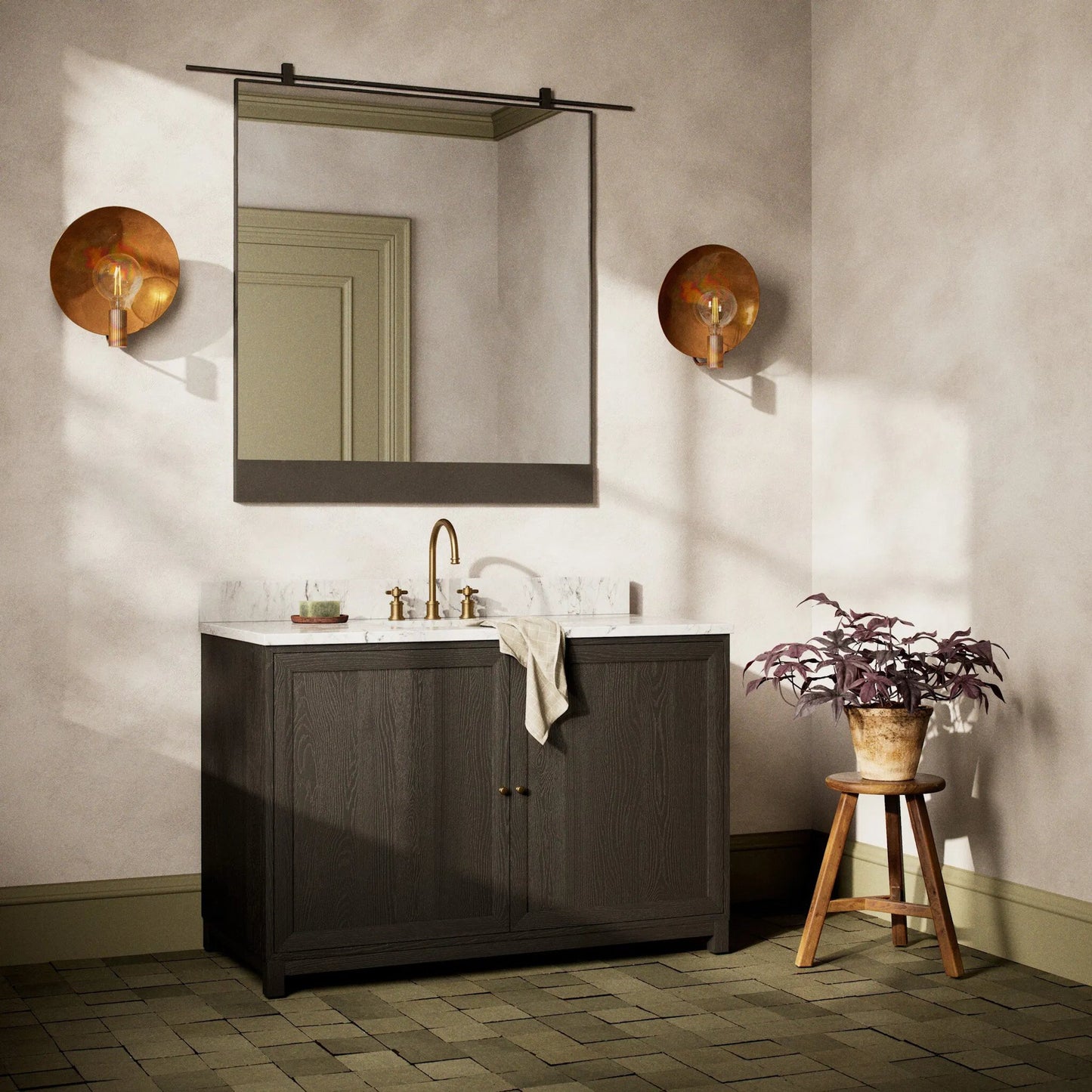 012 SI-2377103 | Lifestyle | Millie Single Wide Vanity by Four Hands in satin drifted black veneer, carrara marble. Made from oak veneer, solid marble in a unique style.