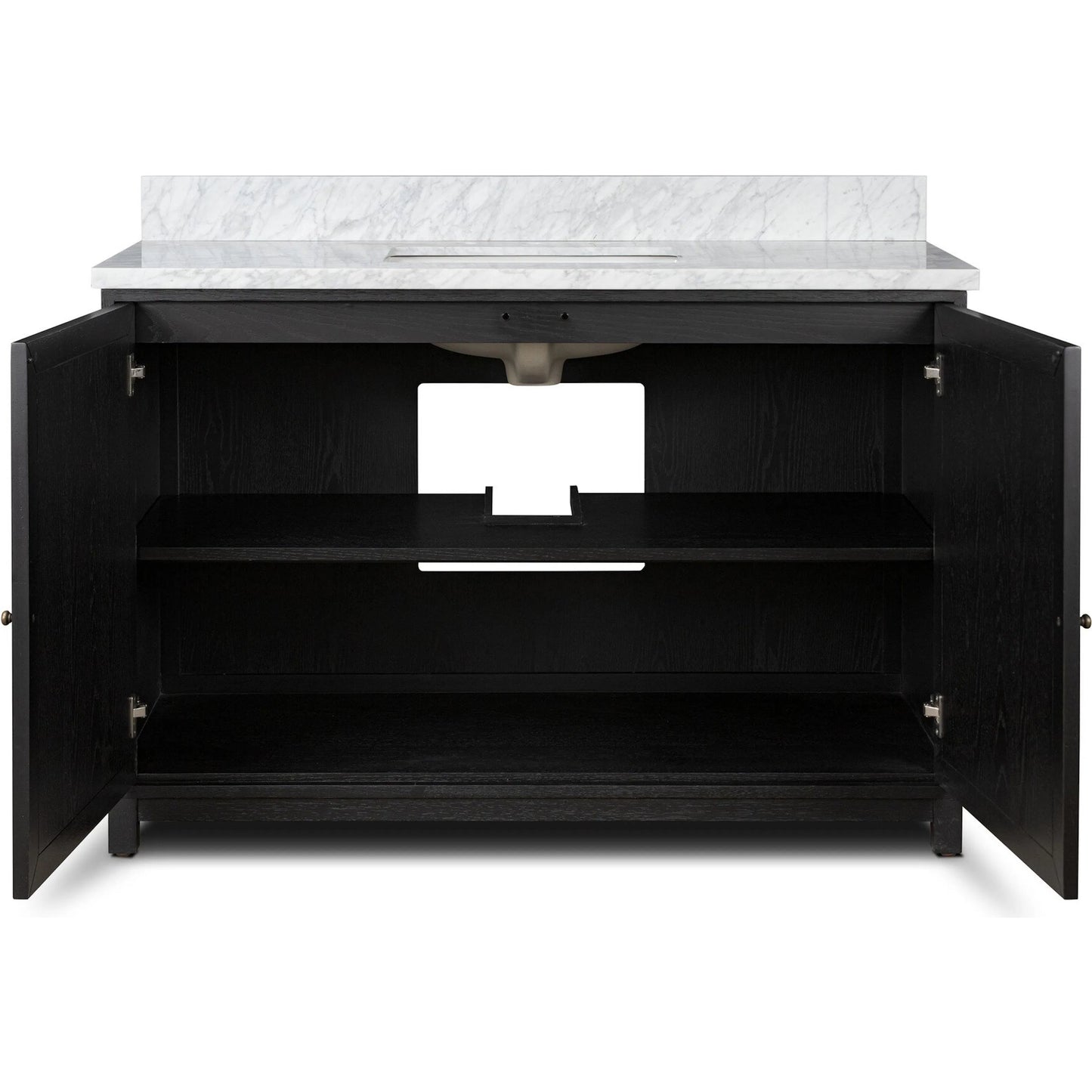 009 SI-2377103 | Closeup | Millie Single Wide Vanity by Four Hands in satin drifted black veneer, carrara marble. Made from oak veneer, solid marble in a unique style.