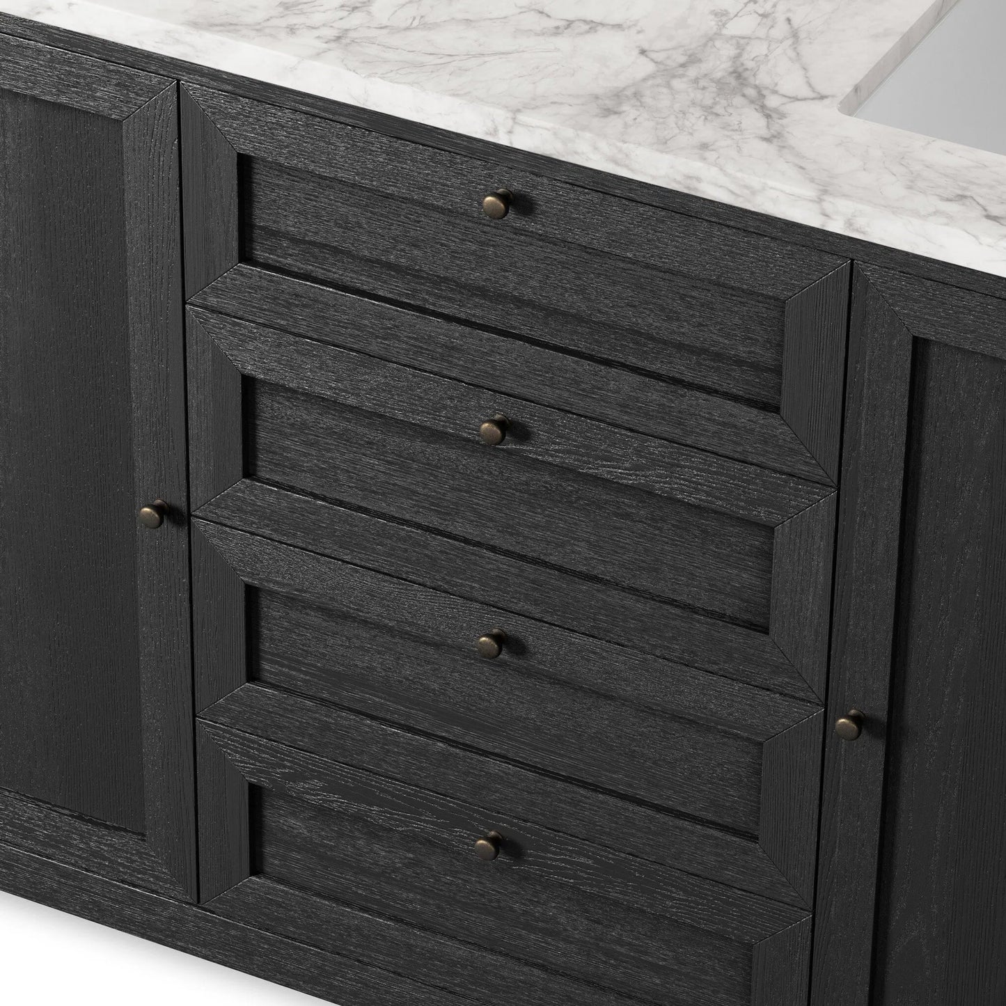 007 SI-2377101 | Closeup | Millie Double Vanity by Four Hands in satin drifted black veneer, carrara marble. Made from oak veneer, solid marble in a unique style.