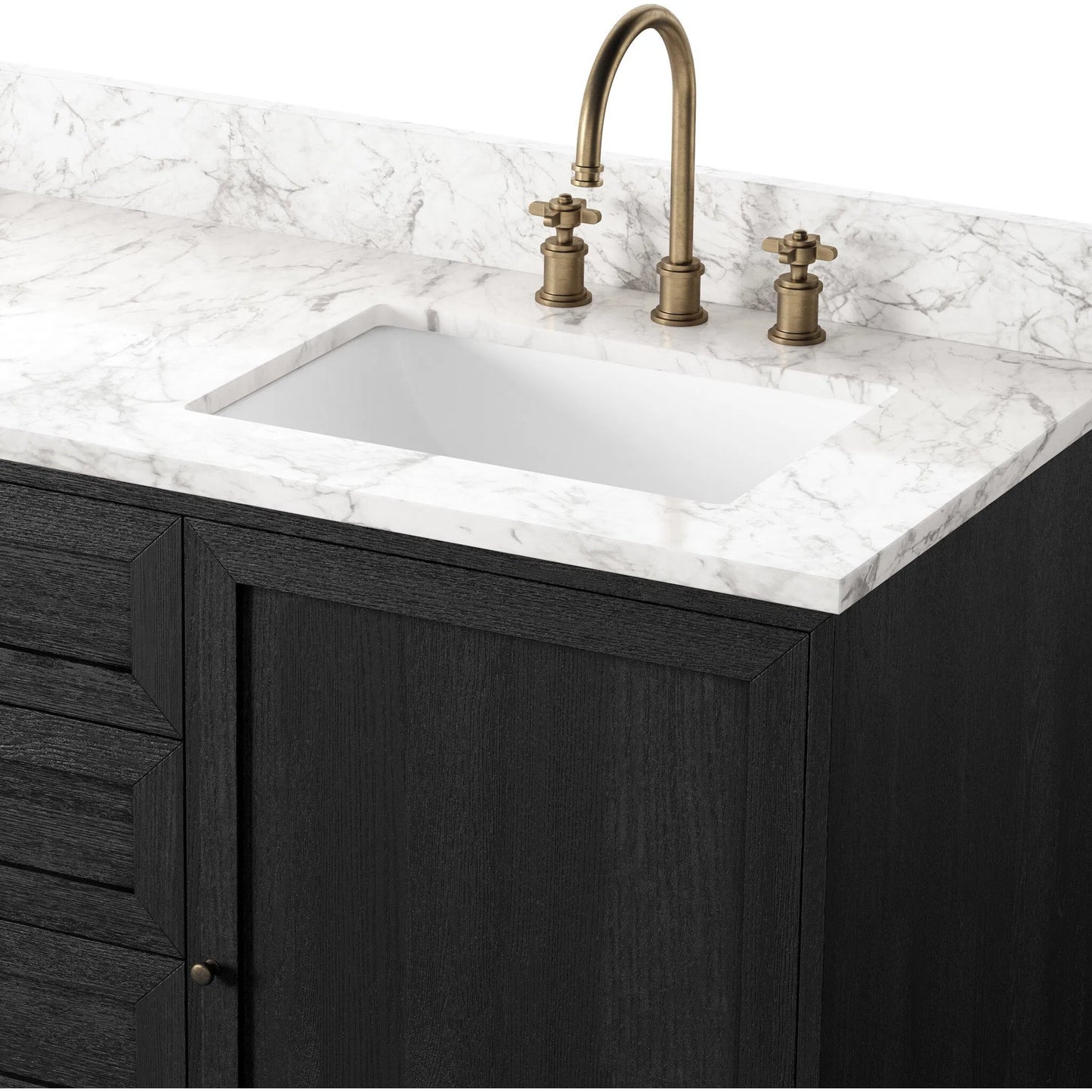 008 SI-2377101 | Closeup | Millie Double Vanity by Four Hands in satin drifted black veneer, carrara marble. Made from oak veneer, solid marble in a unique style.