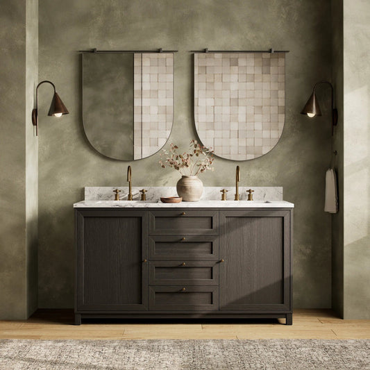 Millie Double Vanity by Four Hands in satin drifted black veneer, carrara marble. Made from oak veneer, solid marble in a modern style.