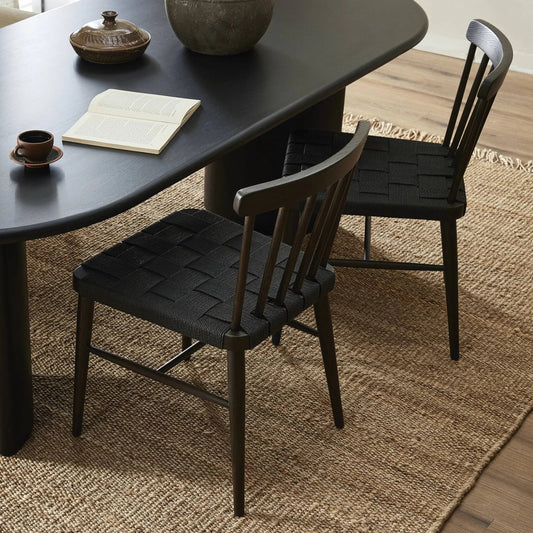 Kershaw Dining Chair by Four Hands in black rush, light carbon. Made from rush, solid oak in a traditional style.