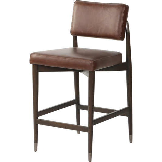 Anton Counter Stool by Four Hands in havana brown, burnt oak, raw iron. Made from top grain leather, solid oak, iron in a modern style.