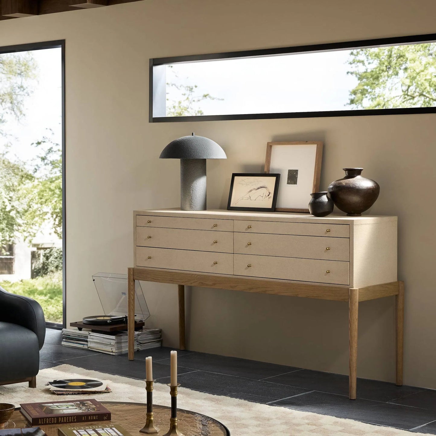 013 SI-2446569 | Lifestyle | Ford Console Table by Four Hands in beige painted linen, sandy oak. Made from painted linen, solid oak in a transitional style.