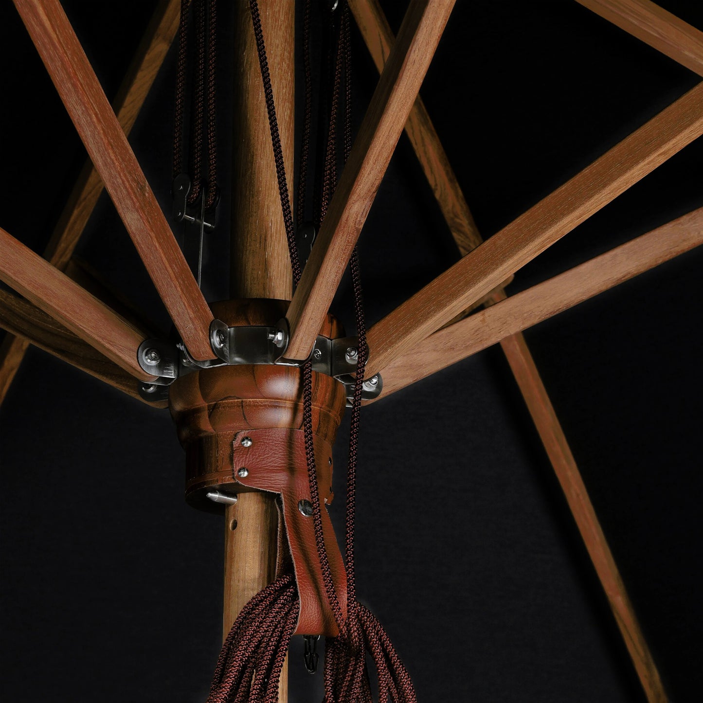 027 SI-2158057 | Closeup | Baska Outdoor Round Umbrella by Four Hands. Made from 100% acrylic, solid fsc®-certified teak in a modern style.