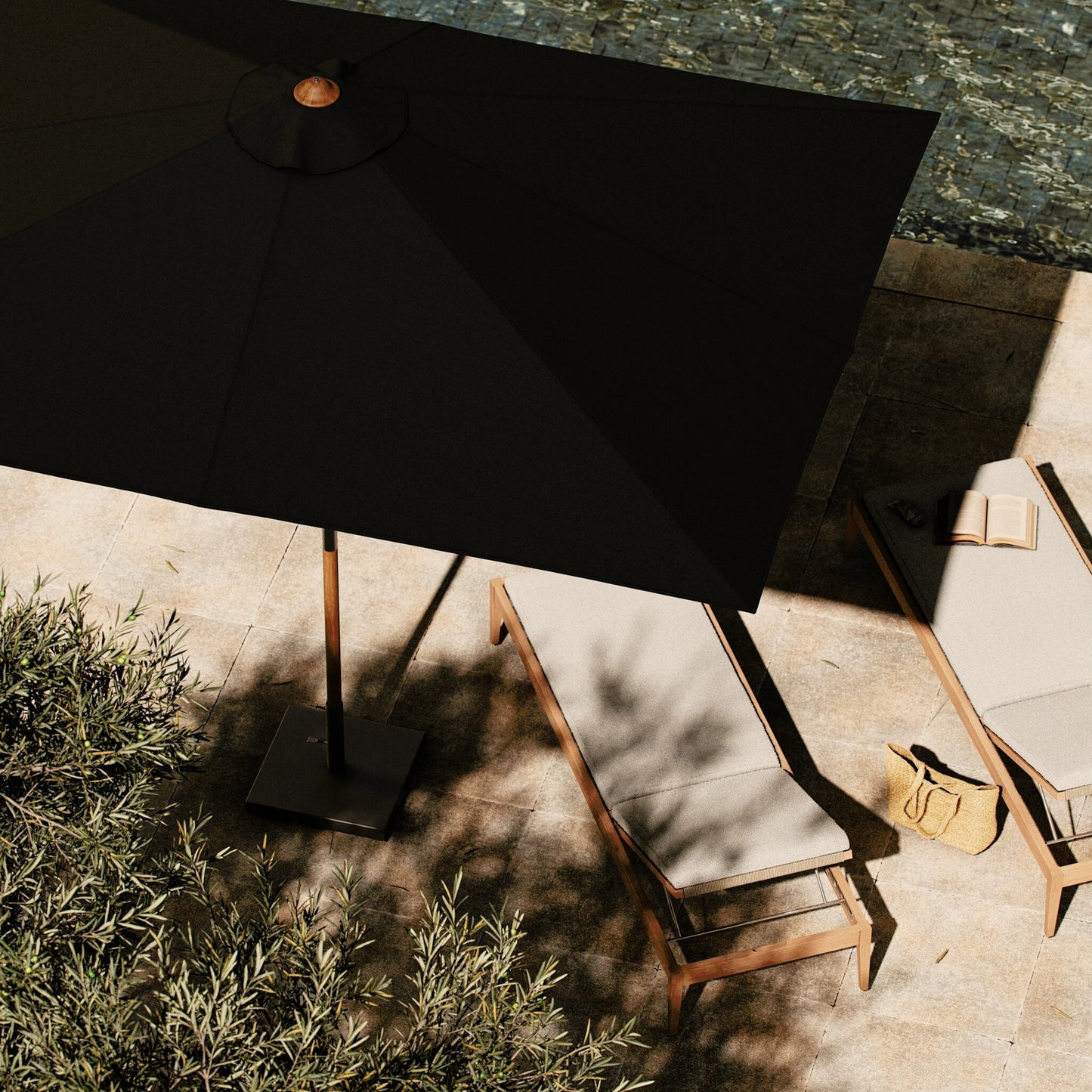 038 SI-2158054 | Lifestyle | Baska Outdoor Rectangular Umbrella by Four Hands. Made from 100% acrylic, solid fsc®-certified teak in a modern style.