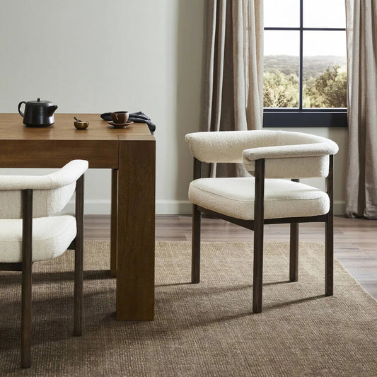 Cassie Dining Chair by Four Hands in charter oatmeal, sienna ash. Made from 69% polyester, 23% acrylic, 8% flax/linen, solid ash in a transitional style.
