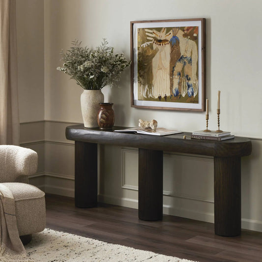 Sommer Console Table by Four Hands in sienna brown pine. Made from solid pine in a traditional style.