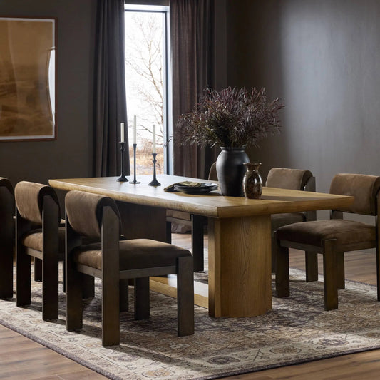 Garrett Dining Table by Four Hands in amber oak thin veneer. Made from oak veneer, solid oak in a unique style.