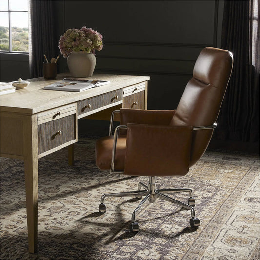 Sherman Desk Chair by Four Hands in sonoma chestnut, polished aluminum, polished stainless steel. Made from top grain leather, aluminum, stainless steel in a unique style.