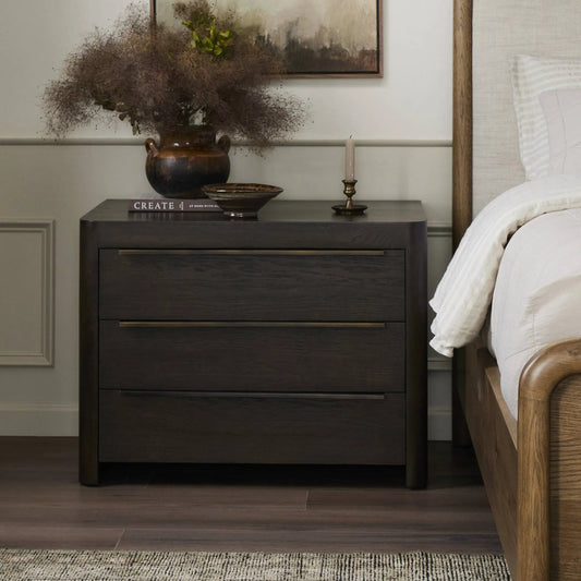Bruce Nightstand by Four Hands in espresso oak, espresso oak veneer. Made from solid oak, oak veneer in a modern style.