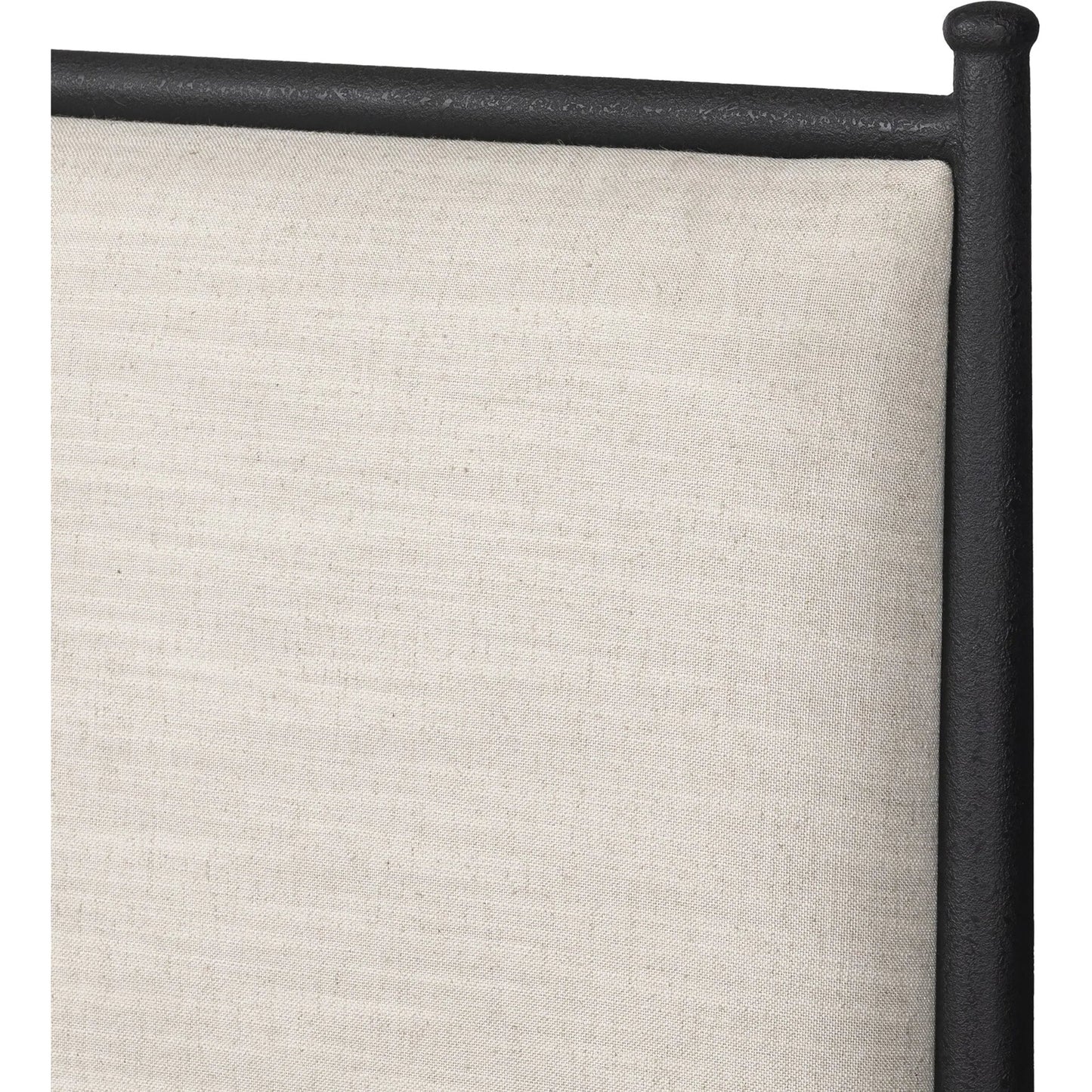 005 SI-2377061 | Closeup | Xander Bed by Four Hands in savoy parchment, textured black iron. Made from 54% polyester, 36% viscose (rayon), 10% flax/linen, iron in a unique style.