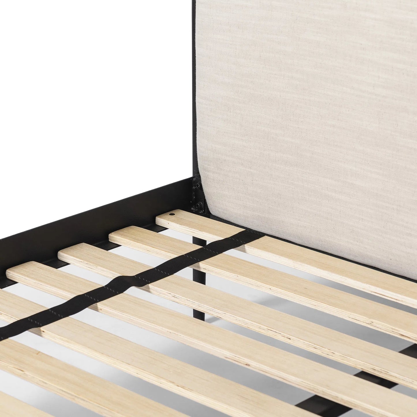 010 SI-2377061 | Closeup | Xander Bed by Four Hands in savoy parchment, textured black iron. Made from 54% polyester, 36% viscose (rayon), 10% flax/linen, iron in a unique style.