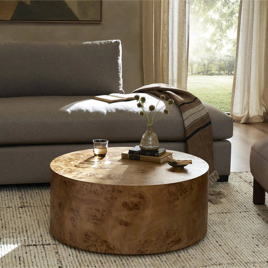 Caya Coffee Table by Four Hands in caramel burl. Made from poplar burl veneer in a transitional style.