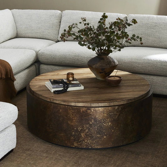 Kipp Coffee Table by Four Hands in burnt bleached oak resawn, black pine, rust aluminum. Made from resawn oak veneer, solid pine, aluminum in a eclectic & global style.