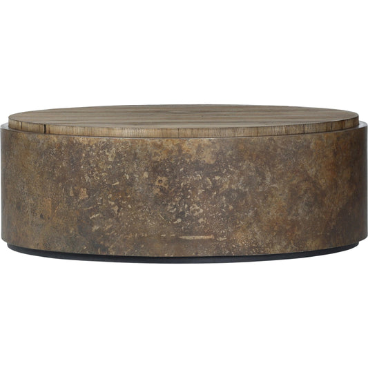 001 SI-2519217 | Primary Silo | Kipp Coffee Table by Four Hands in burnt bleached oak resawn, black pine, rust aluminum. Made from resawn oak veneer, solid pine, aluminum in a eclectic & global style.
