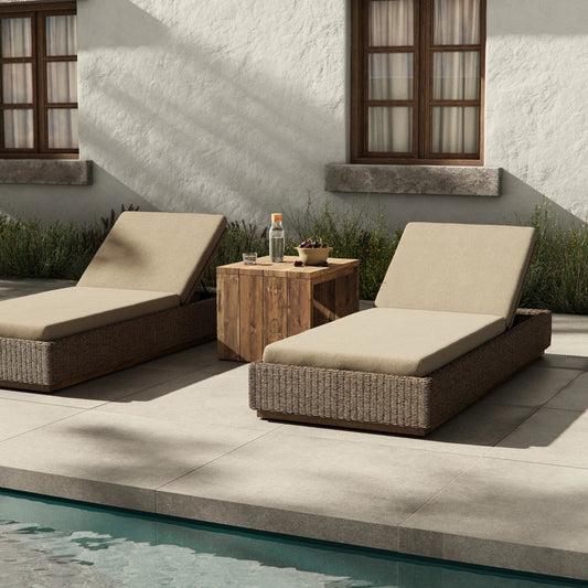 Lorelei Outdoor Chaise by Four Hands in alessi buff, stained toasted brown-fsc, faux dark hyacinth. Made from 100% polypropylene, solid fsc®-certified teak, 100% polyethylene in a rustic style.