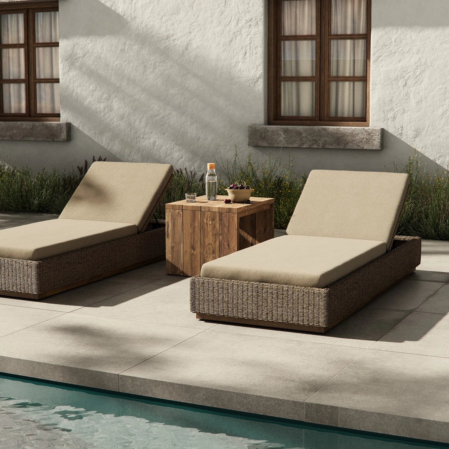 013 SI-2519233 | Lifestyle | Lorelei Outdoor Chaise by Four Hands in alessi buff, stained toasted brown-fsc, faux dark hyacinth. Made from 100% polypropylene, solid fsc®-certified teak, 100% polyethylene in a rustic style.