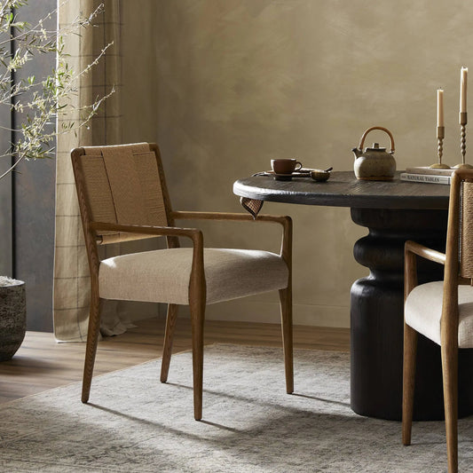 Rothler Dining Armchair by Four Hands in alcala wheat, tan oak, double twisted paper cord. Made from 70% polyester, 20% viscose (rayon), 10% flax/linen, solid oak, rush in a transitional style.