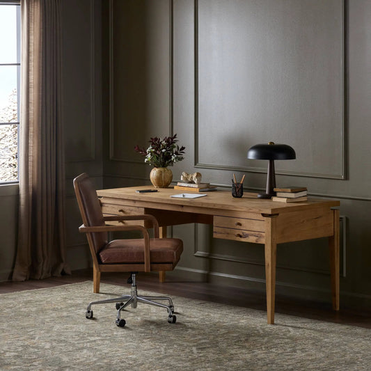 Bergstrom Desk by Four Hands in warm natural oak veneer. Made from thick oak veneer, solid oak in a modern style.