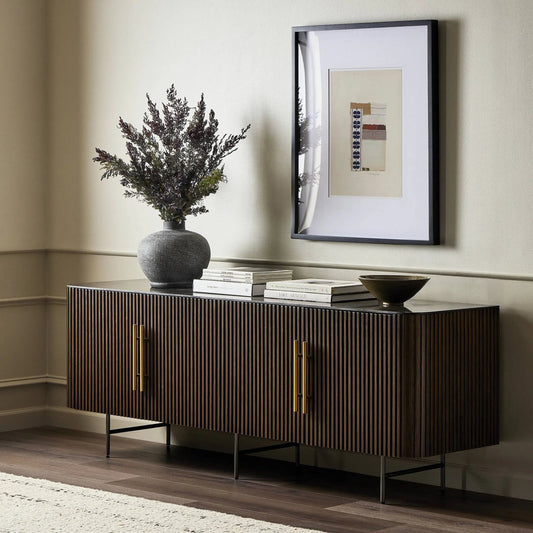 Fletcher Media Console by Four Hands in terra brown oak, brushed gunmetal. Made from solid oak, iron in a unique style.