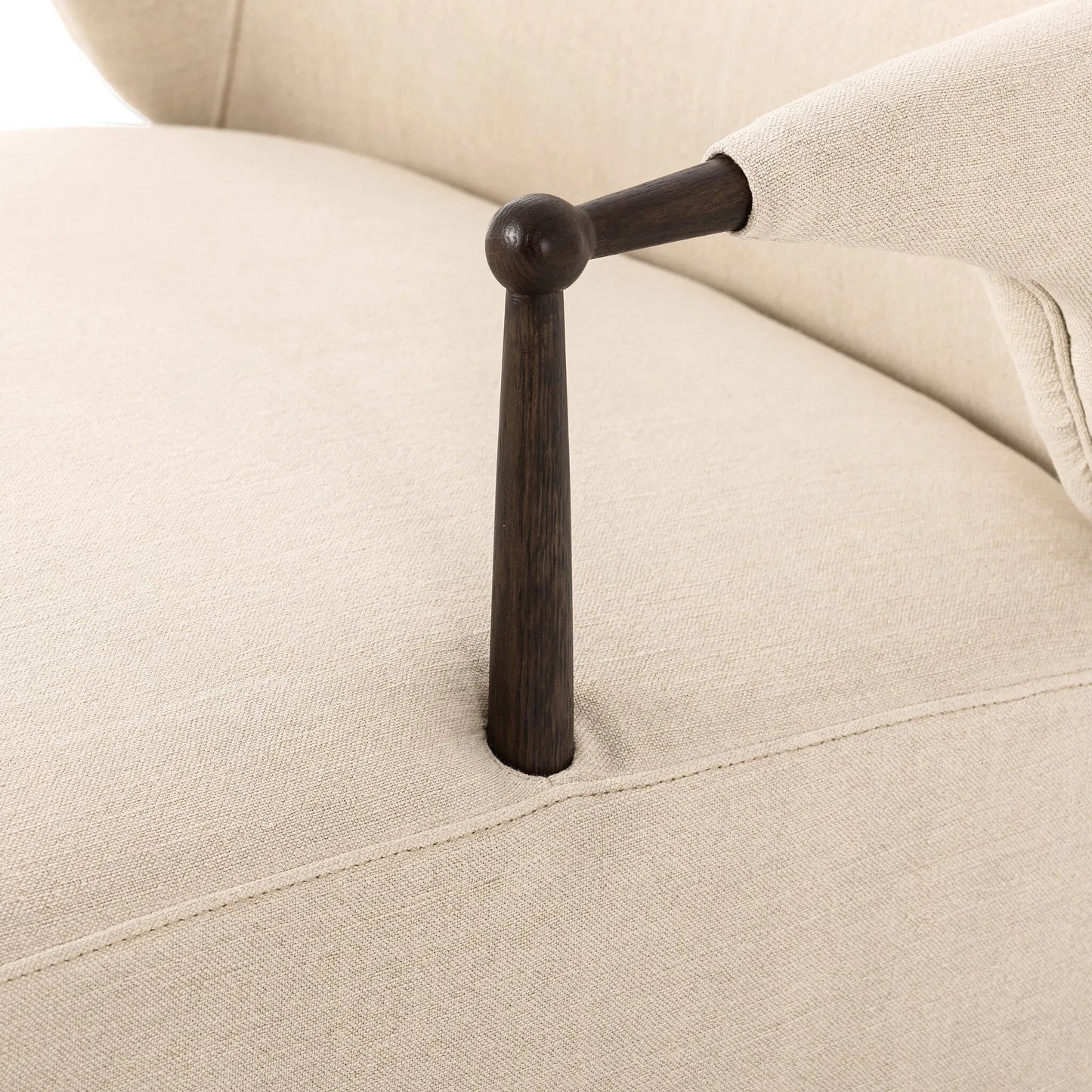 007 SI-2449369 | Closeup | Brently Chaise by Four Hands in broadway dune, burnt oak. Made from 100% flax/linen, solid oak in a unique style.
