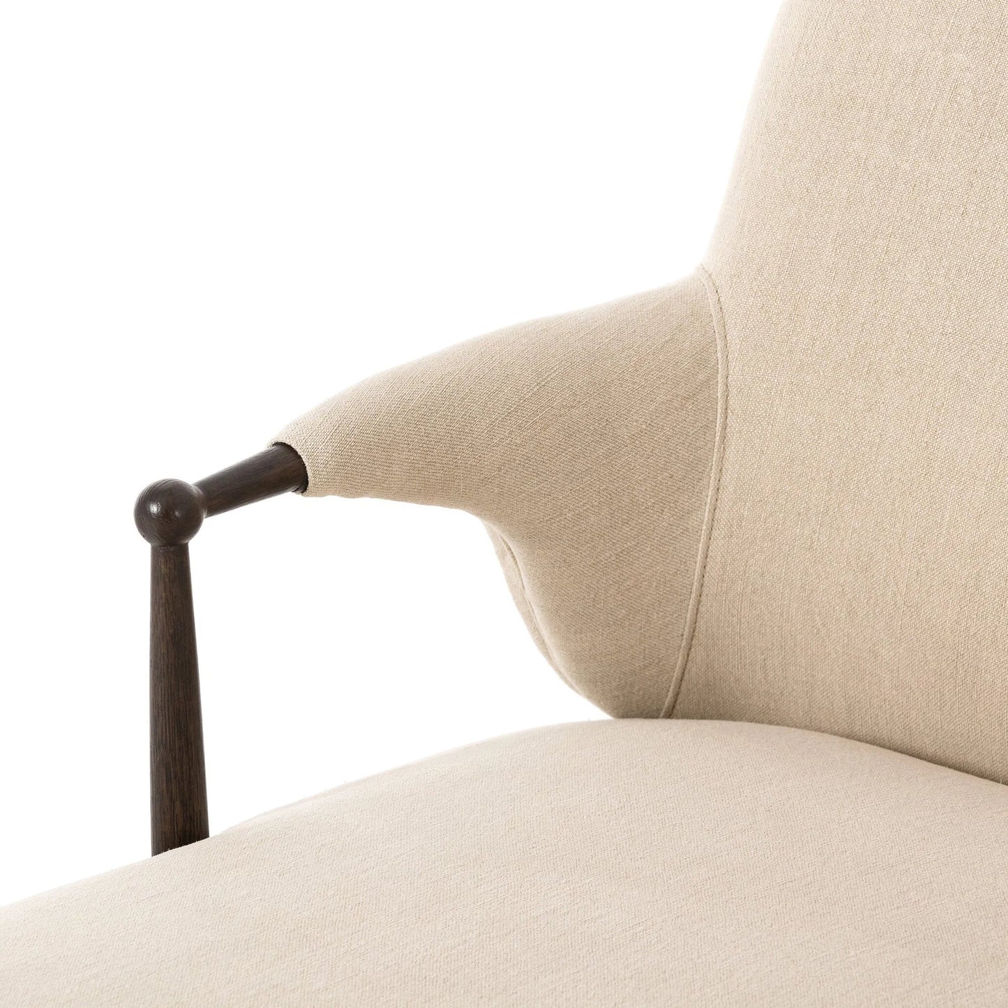 008 SI-2449369 | Closeup | Brently Chaise by Four Hands in broadway dune, burnt oak. Made from 100% flax/linen, solid oak in a unique style.