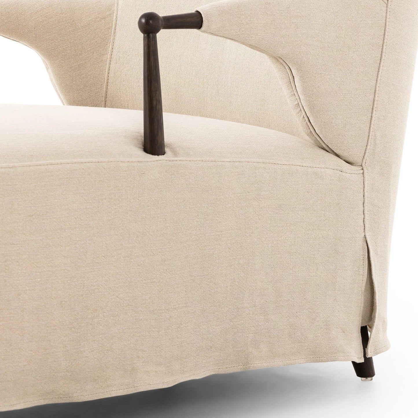 009 SI-2449369 | Closeup | Brently Chaise by Four Hands in broadway dune, burnt oak. Made from 100% flax/linen, solid oak in a unique style.