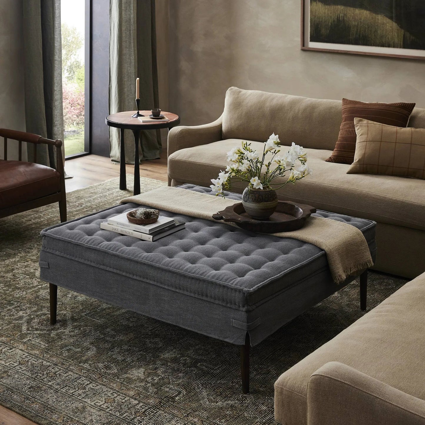 012 SI-2449388 | Lifestyle | Cole Large Ottoman by Four Hands. Made from 100% flax/linen, solid ash in a unique style.
