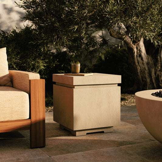 Posen Outdoor Square Propane Enclosure by Four Hands. Made from concrete in a modern style.