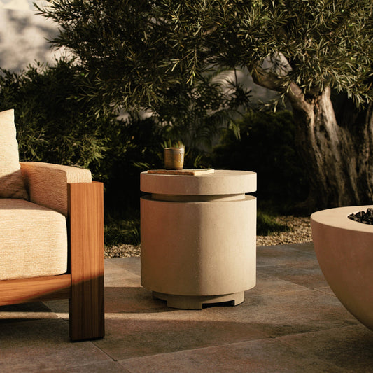 Higgins Outdoor Round Propane Enclosure by Four Hands. Made from concrete in a modern style.