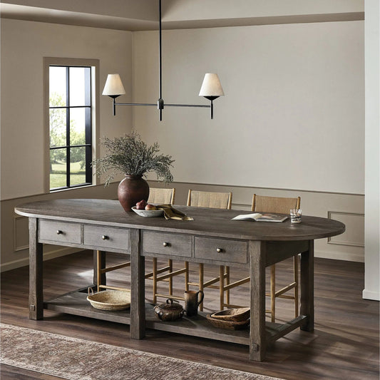 Elise Kitchen Island by Four Hands in weathered hazel oak veneer, dark brass. Made from oak veneer, brass in a unique style.