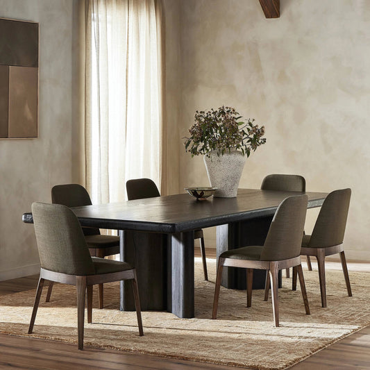 Castro Dining Table by Four Hands in dark espresso. Made from solid reclaimed oak in a modern style.