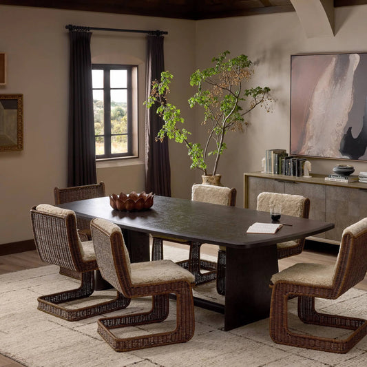 Hera Dining Table by Four Hands in dark tamo ash, dark tamo ash veneer. Made from solid tamo ash, tamo ash veneer in a unique style.