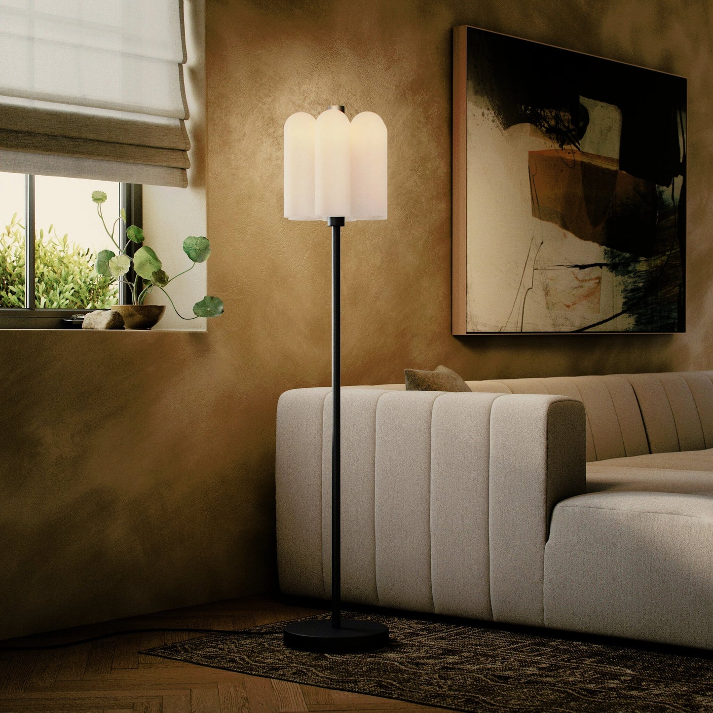 012 SI-2158346 | Lifestyle | Odyssey 6 Floor Lamp by Four Hands. Made from brass, glass in a modern style.