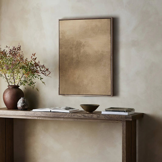 Illuminated by Aileen Fitzgerald by Four Hands. Made from rustic walnut, fredrix 558 raw canvas, gallery bracer in a modern style.