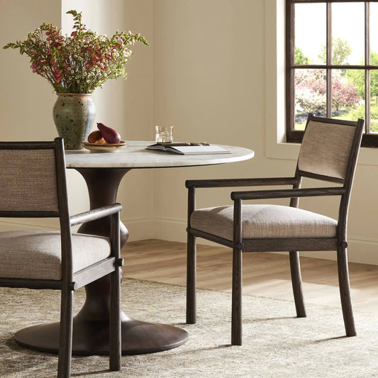 Akiro Dining Armchair by Four Hands in laken stone, warm oak. Made from 90% polyester, 10% viscose (rayon), solid oak in a unique style.