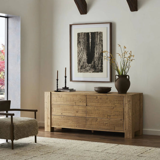 Perot 6 Drawer Dresser by Four Hands in light blonde pine. Made from solid reclaimed pine in a unique style.