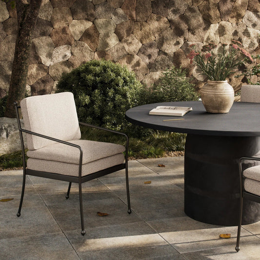 Tally Outdoor Dining Armchair by Four Hands in ramiro ecru, matte gunmetal. Made from 100% polypropylene, aluminum in a unique style.