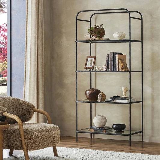 Swinton Bookcase by Four Hands in hammered gunmetal, tempered glass. Made from iron, tempered glass in a modern style.