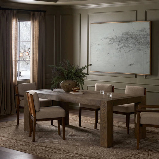 Coralie Extension Dining Table by Four Hands in brown oak veneer, brushed brass. Made from thick oak veneer, iron in a transitional style.