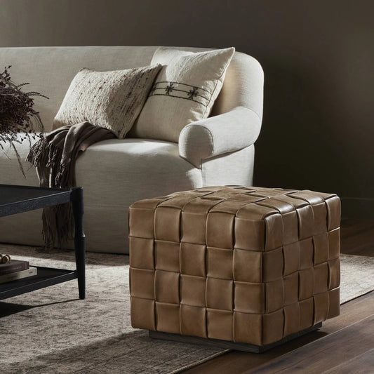 Flores Ottoman by Four Hands in palermo drift, sienna brown. Made from top grain leather, solid oak in a traditional style.