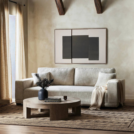 Peyton Sofa by Four Hands in yuma cream, espresso and yuma cream. Made from 96% polyester, 4% acrylic, solid banak, 100% polypropylene in a modern style.