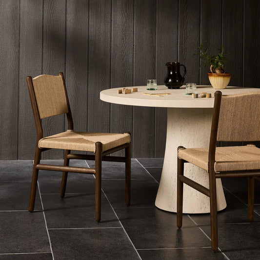 Herrin Outdoor Dining Chair by Four Hands in vintage white, stained saddle brown. Made from 100% polyethylene, solid teak in a rustic style.