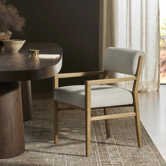 Navid Dining Arm Chair by Four Hands in weslie flax, smoked grey. Made from 100% recycled olefin, solid oak in a unique style.
