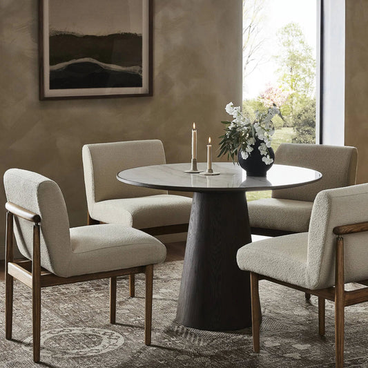 Skye Round Dining Table by Four Hands in white marble, weathered dark oak. Made from solid marble, solid oak in a cottage & farmhouse style.