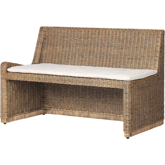011 SI-2513322 | Primary Silo | Senna Woven Dining Bench by Four Hands in broadway dune, natural brown rattan. Made from 100% flax/linen, rattan in a rustic style.