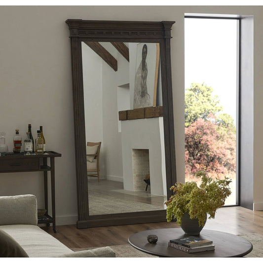 Hemlock Floor Mirror by Four Hands in weathered elm. Made from solid reclaimed elm, mirror in a traditional style.