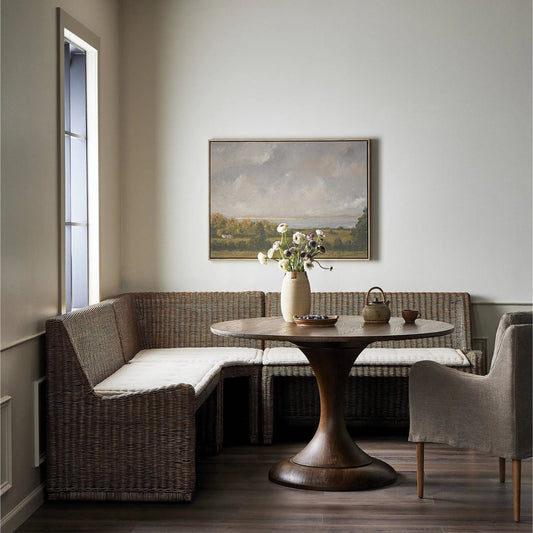 Senna Woven Corner Piece by Four Hands in broadway dune, natural brown rattan. Made from 100% flax/linen, rattan in a unique style.